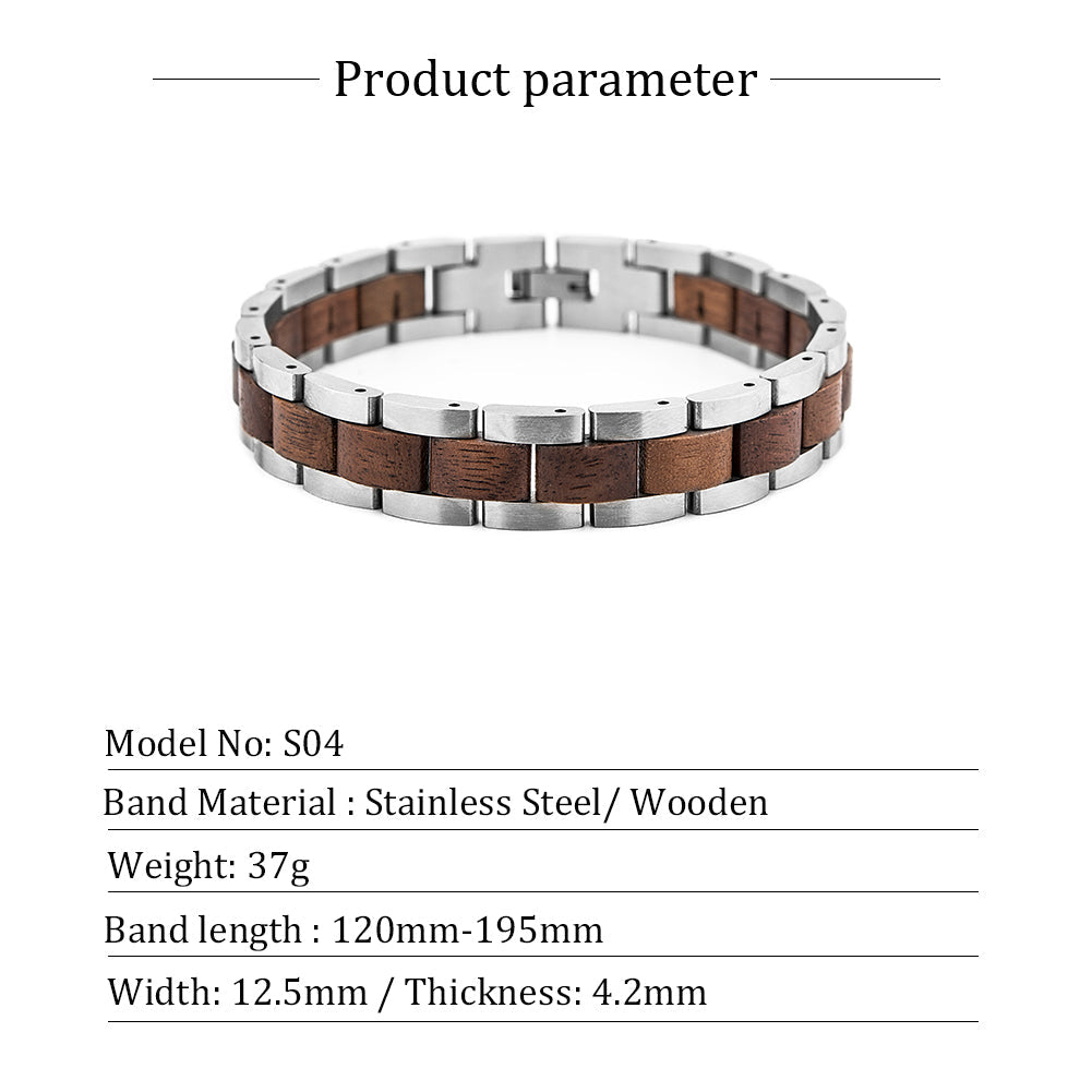 Wooden Bracelet Silver Stainless Steel Walnut Wood Bracelet for Men and Women
