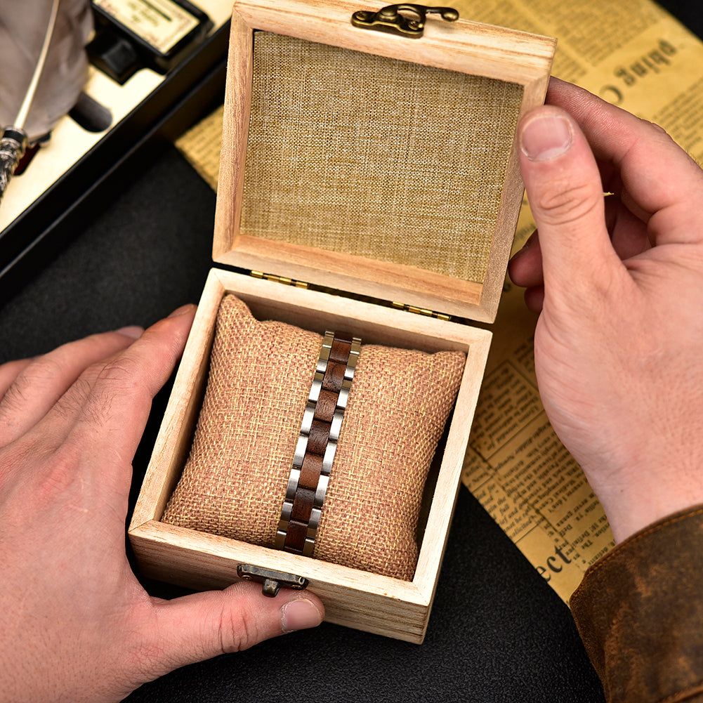 Wooden Bracelet Silver Stainless Steel Walnut Wood Bracelet for Men and Women