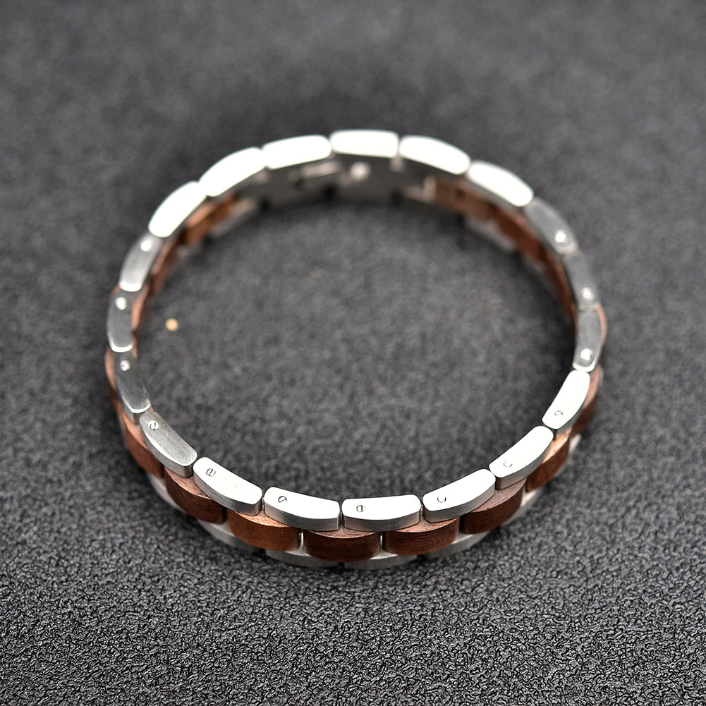 Wooden Bracelet Silver Stainless Steel Walnut Wood Bracelet for Men and Women