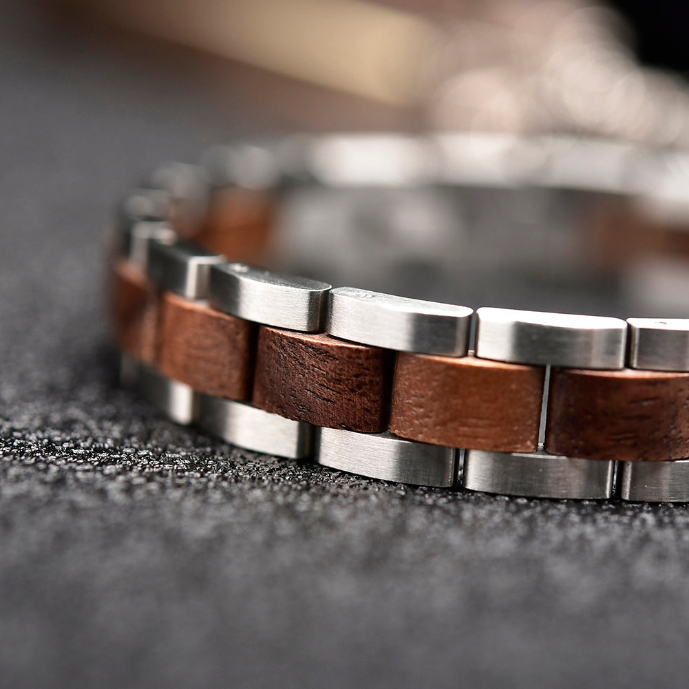 Wooden Bracelet Silver Stainless Steel Walnut Wood Bracelet for Men and Women