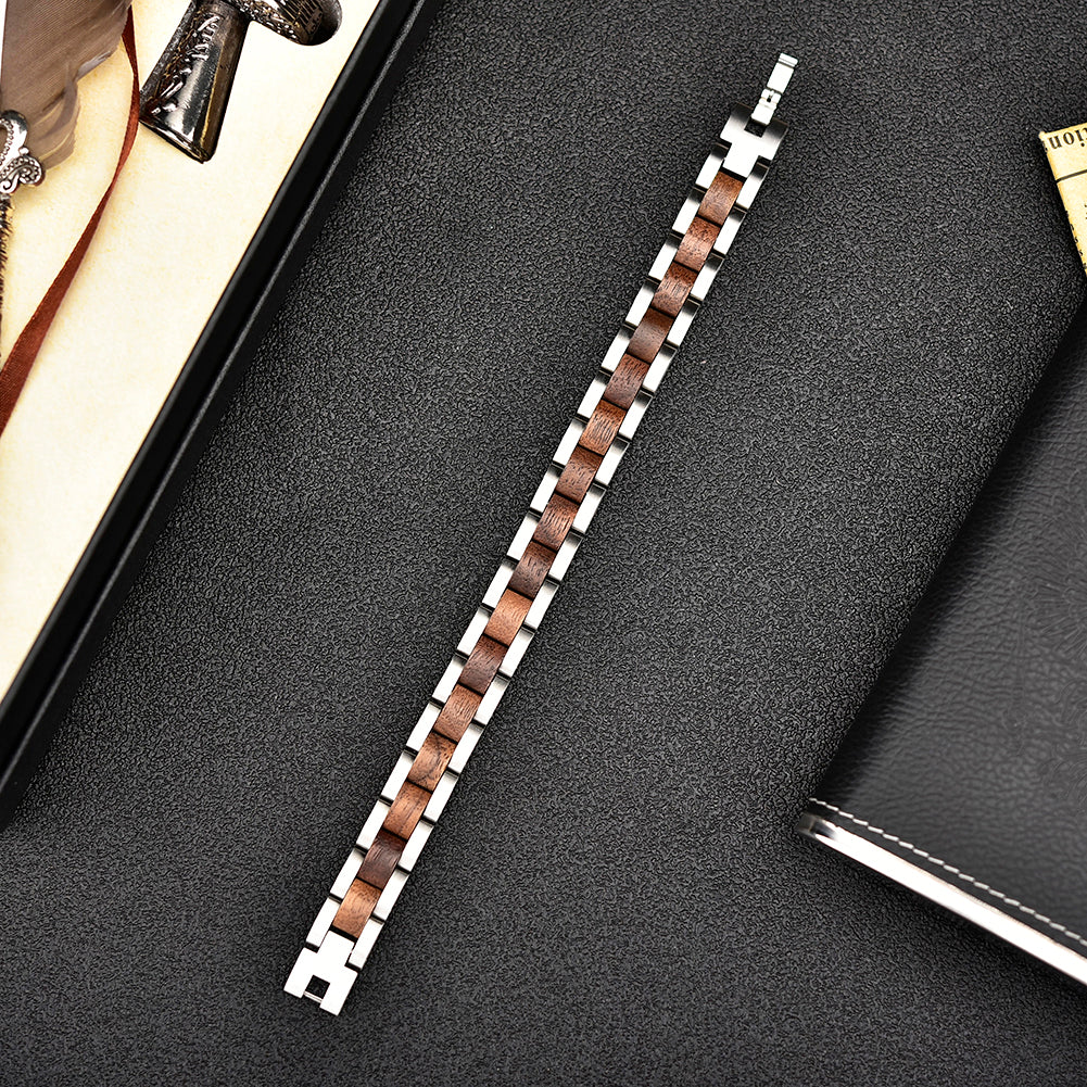 Wooden Bracelet Silver Stainless Steel Walnut Wood Bracelet for Men and Women