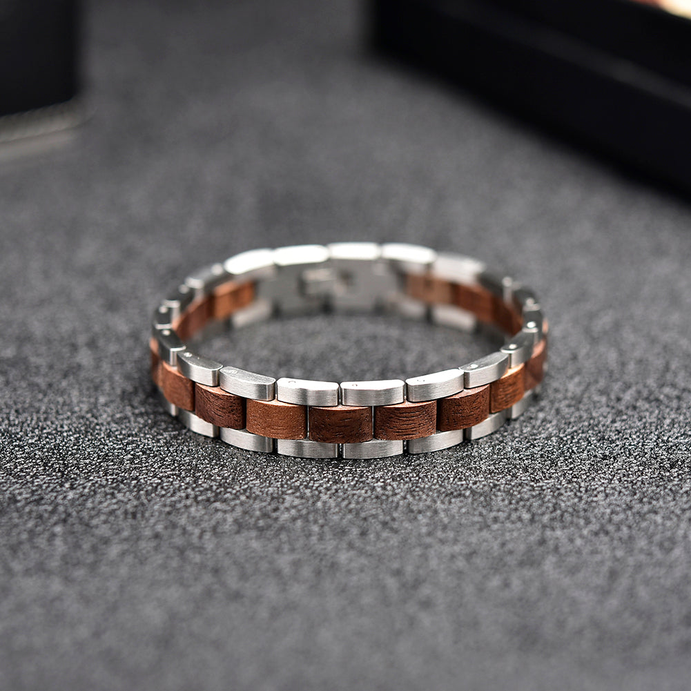 Wooden Bracelet Silver Stainless Steel Walnut Wood Bracelet for Men and Women