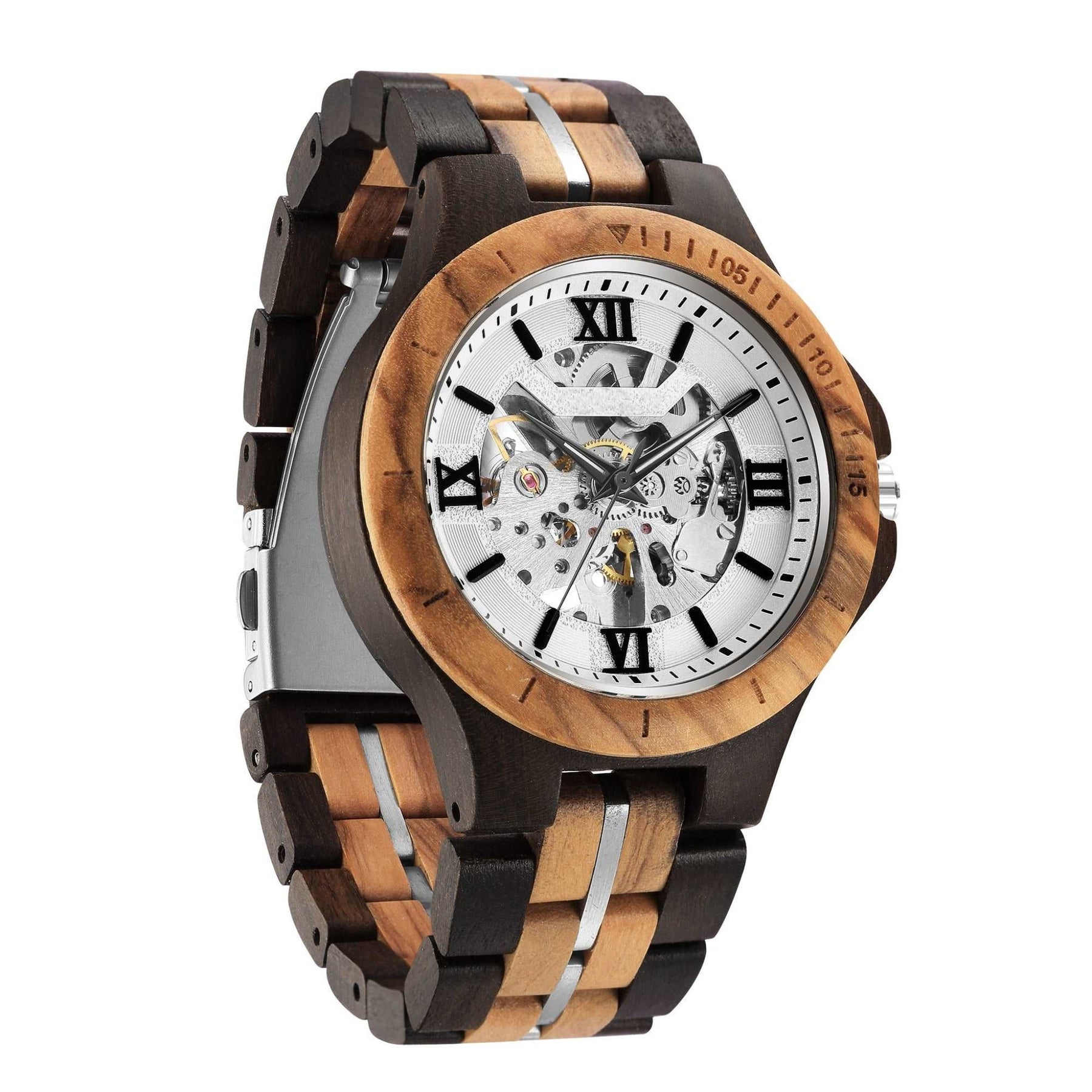 Ebony and olive automatic mechanical watch for men with white face
