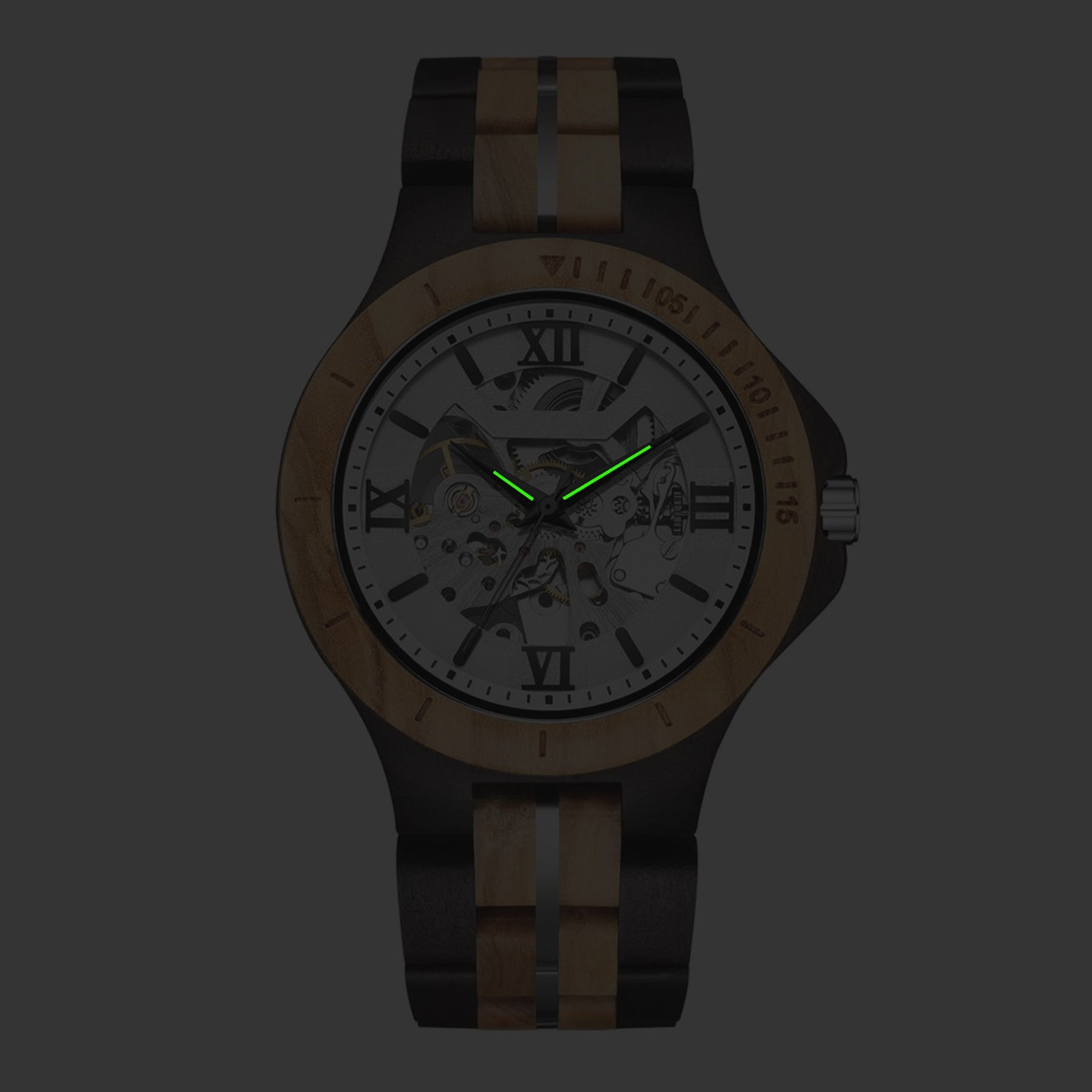 Luminous effect of the ebony and olive automatic mechanical watch