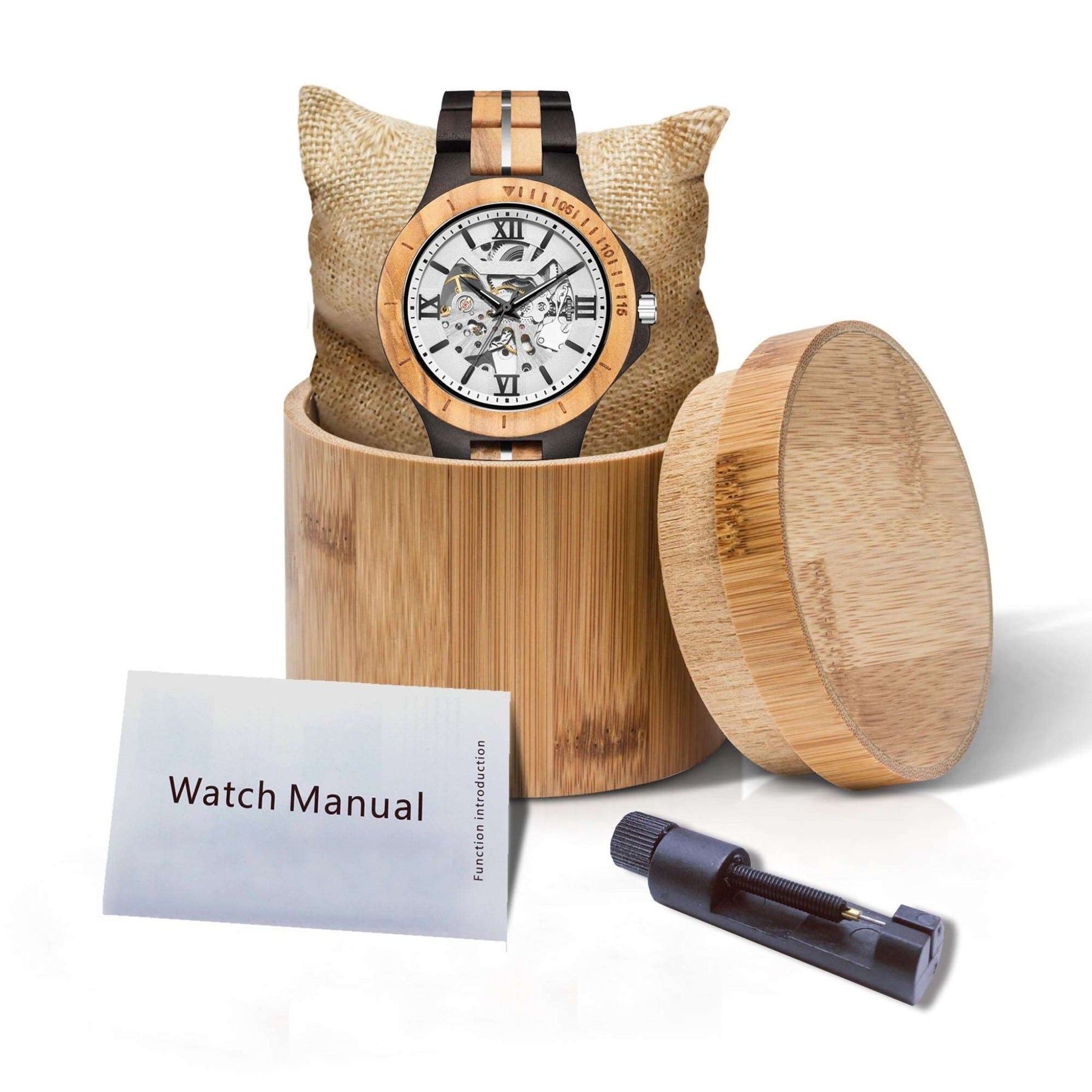 An ebony and olive automatic mechanical watch packed up with bamboo box