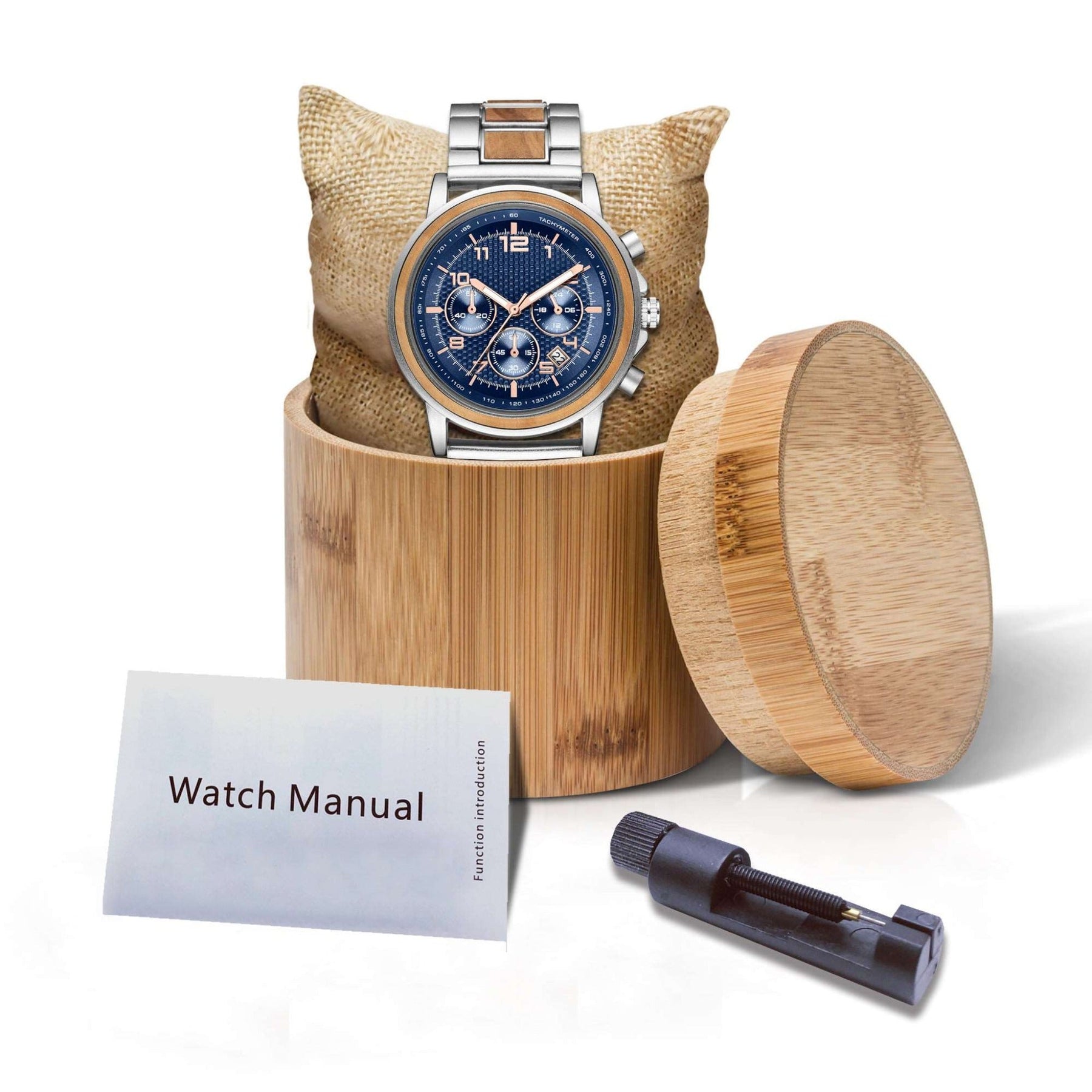 Silver and olive men watch with blue face packed up with bamboo box