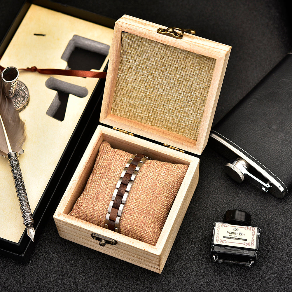 Wooden Bracelet Silver Stainless Steel Walnut Wood Bracelet for Men and Women