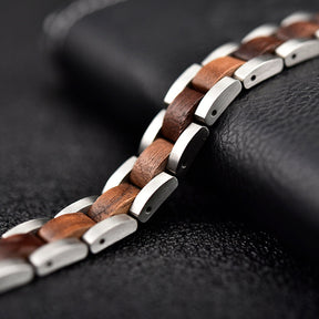 Wooden Bracelet Silver Stainless Steel Walnut Wood Bracelet for Men and Women