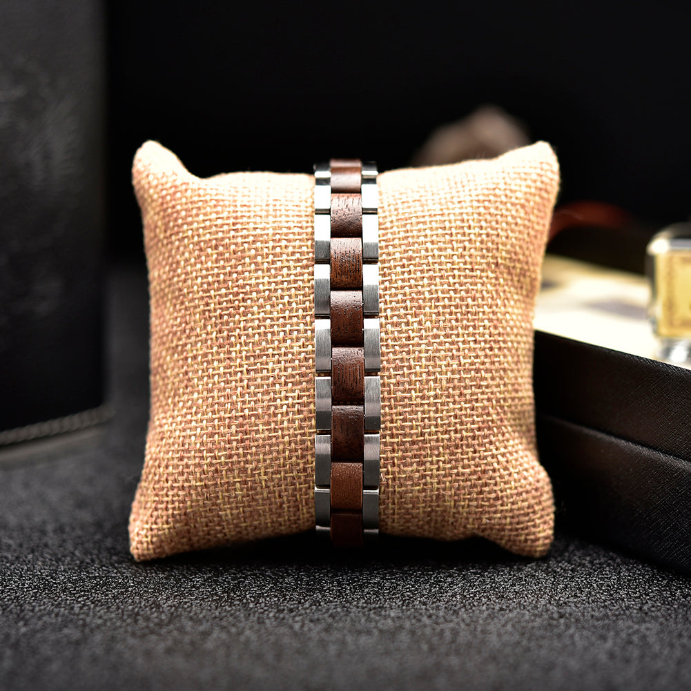 Wooden Bracelet Silver Stainless Steel Walnut Wood Bracelet for Men and Women