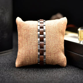Wooden Bracelet Silver Stainless Steel Walnut Wood Bracelet for Men and Women