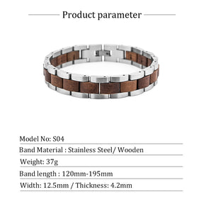 Wooden Bracelet Silver Stainless Steel Walnut Wood Bracelet for Men and Women