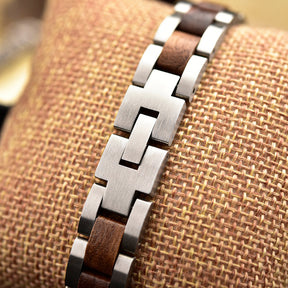 Wooden Bracelet Silver Stainless Steel Walnut Wood Bracelet for Men and Women
