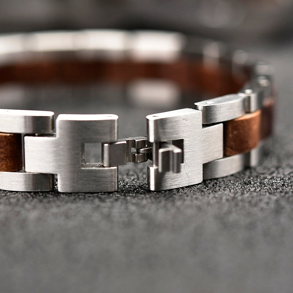 Wooden Bracelet Silver Stainless Steel Walnut Wood Bracelet for Men and Women
