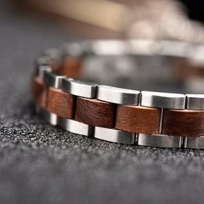 Wooden Bracelet Silver Stainless Steel Walnut Wood Bracelet for Men and Women