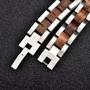 Wooden Bracelet Silver Stainless Steel Walnut Wood Bracelet for Men and Women