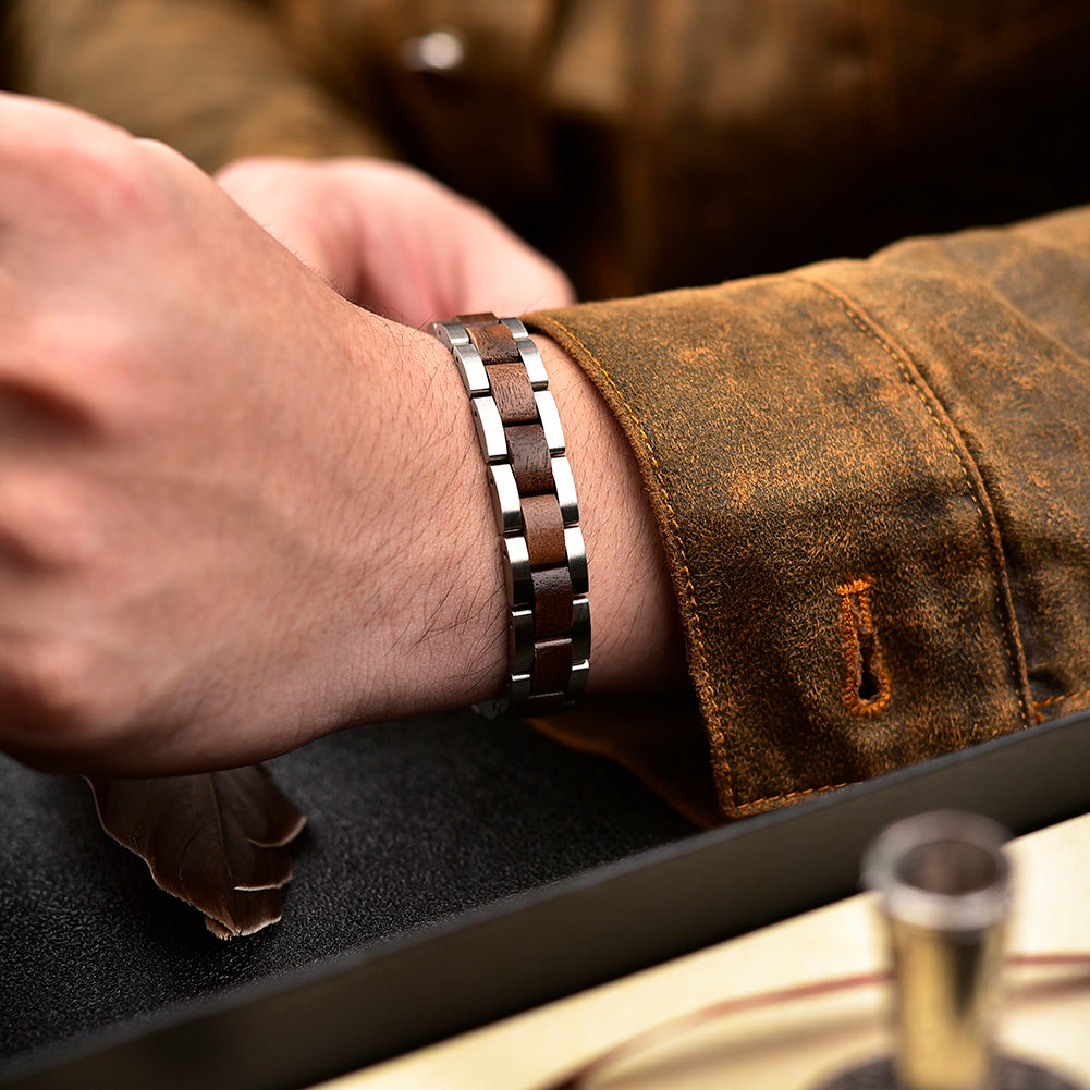 Wooden Bracelet Silver Stainless Steel Walnut Wood Bracelet for Men and Women