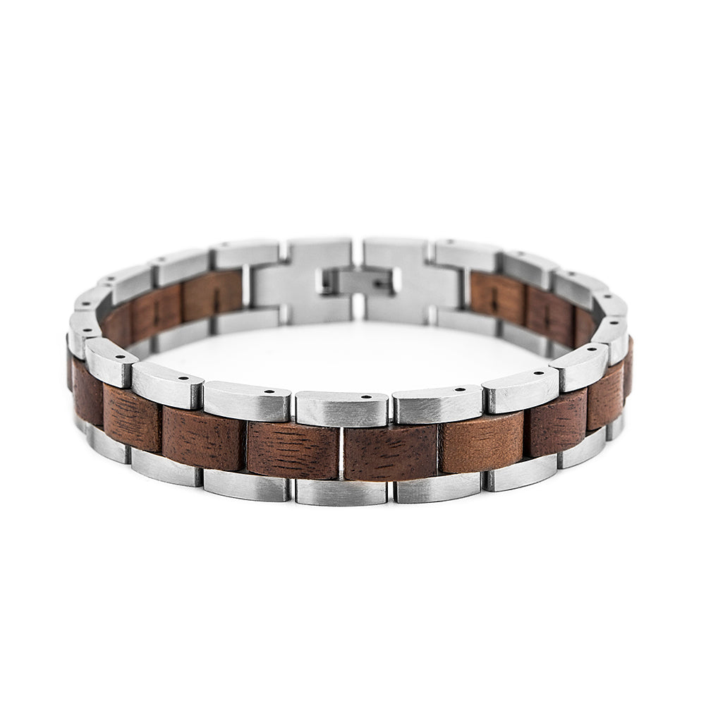 Wooden Bracelet Silver Stainless Steel Walnut Wood Bracelet for Men and Women