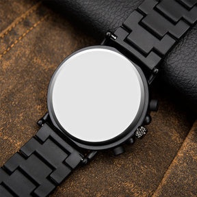 The silver steel back of the black metal and red sandalwood men watch