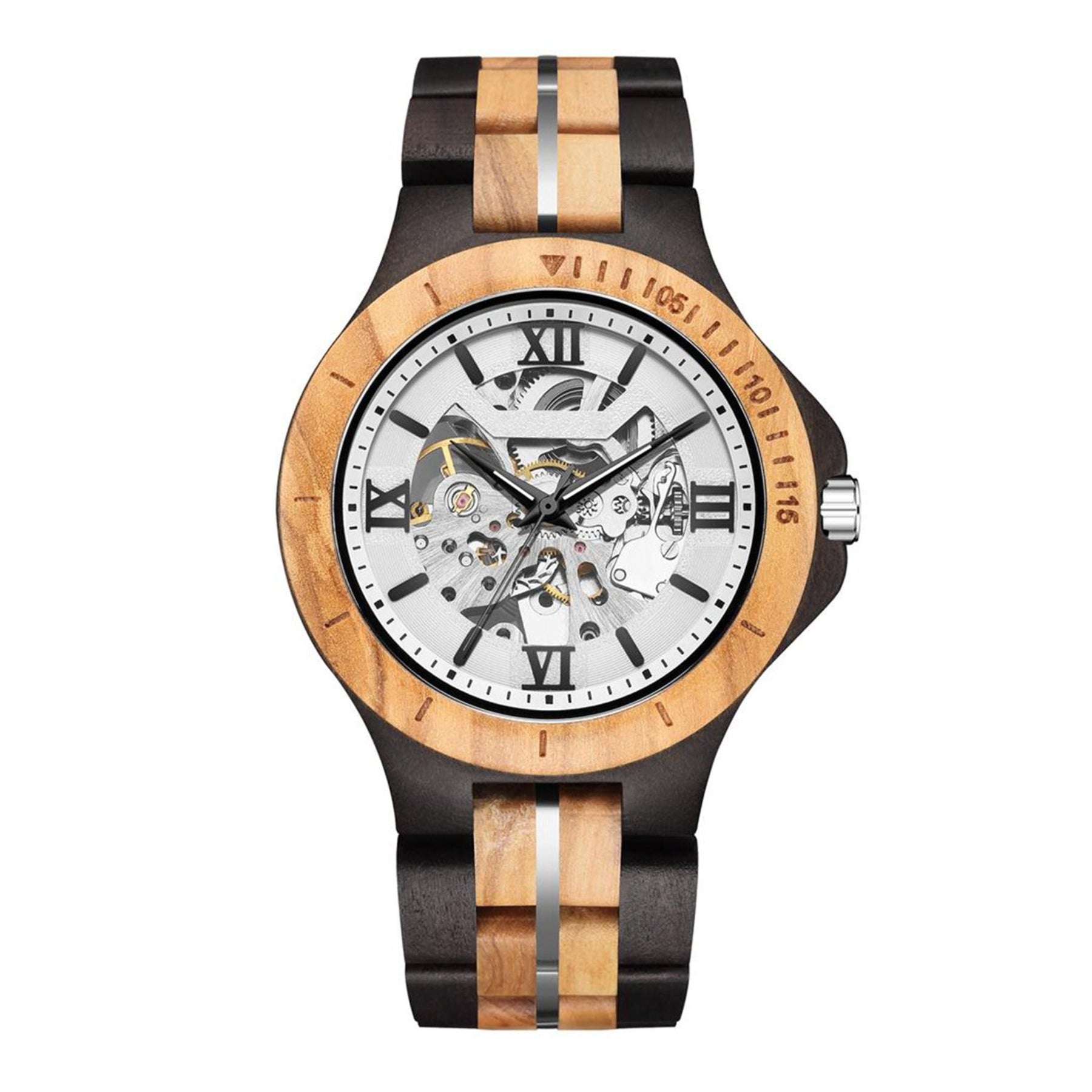 Ebony and olive automatic mechanical watch with white face positive