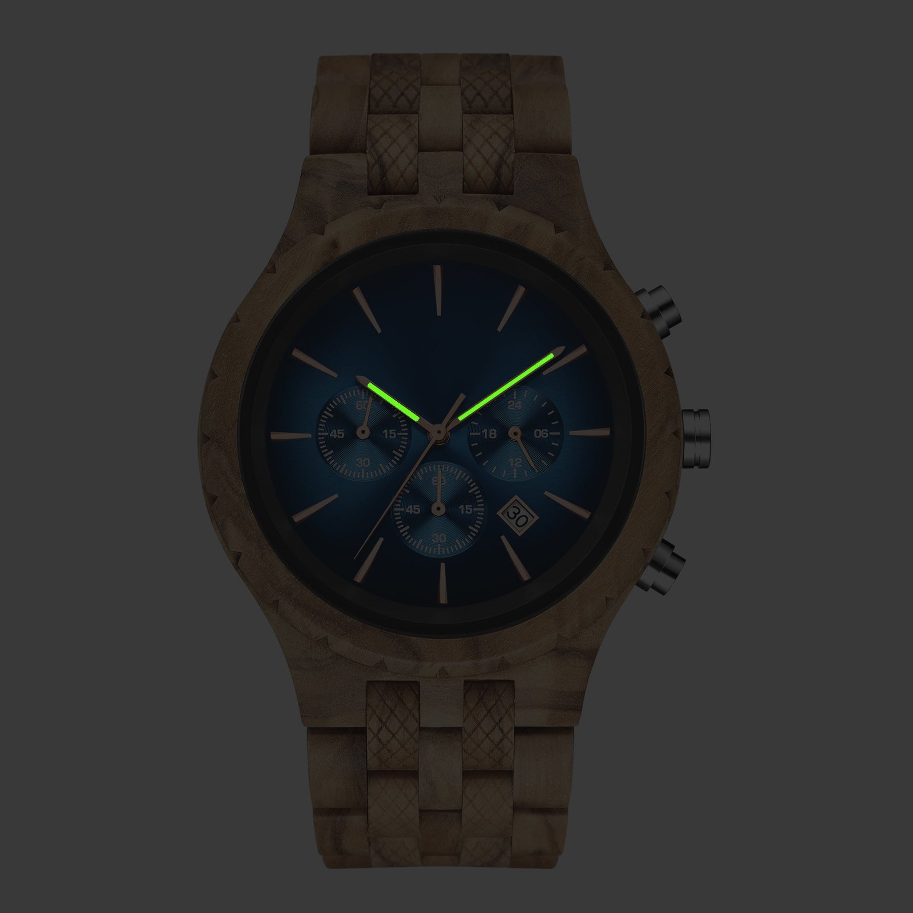 Luminous effect at dark of the olive wood watch