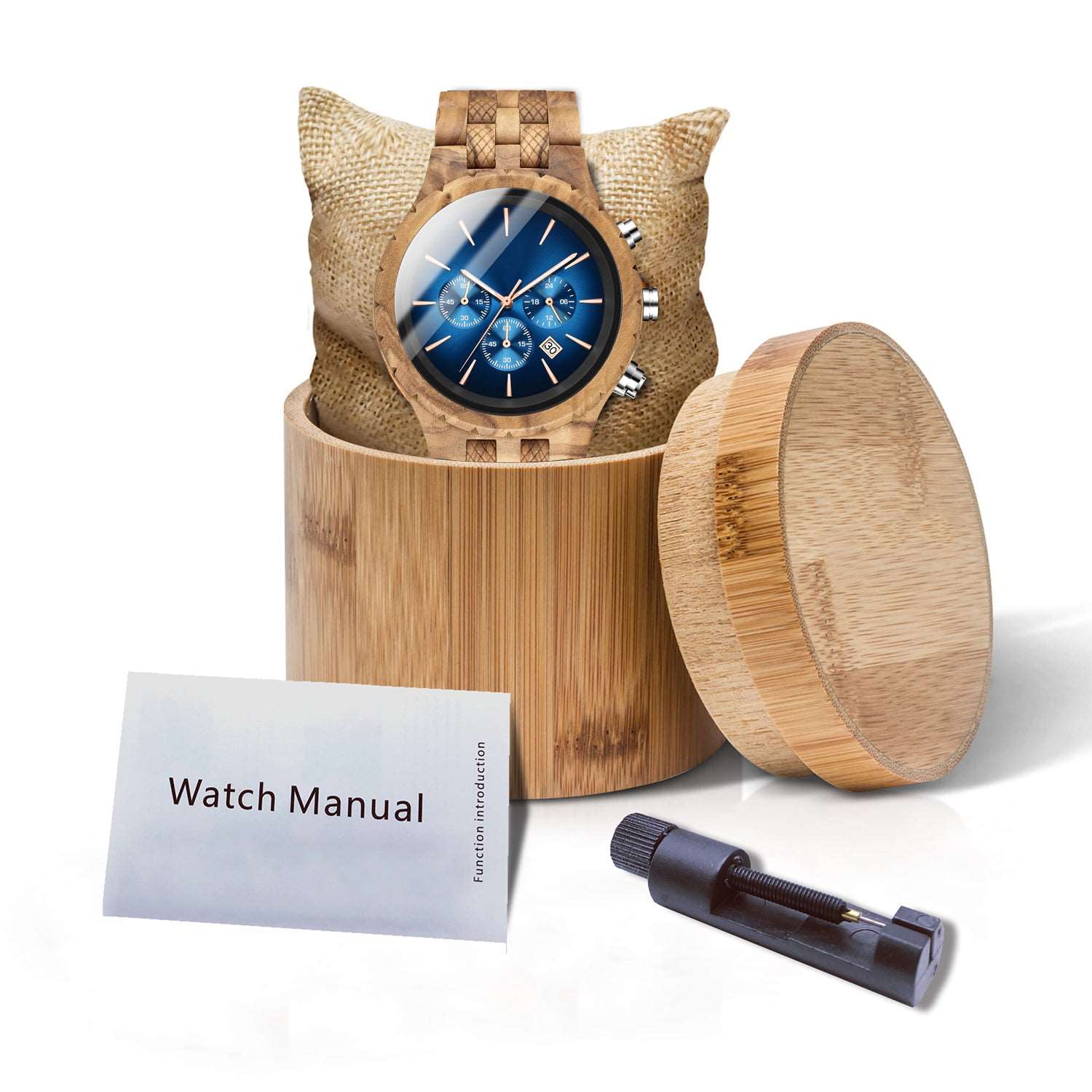 A olive wooden watch with blue face packed up with a bamboo box