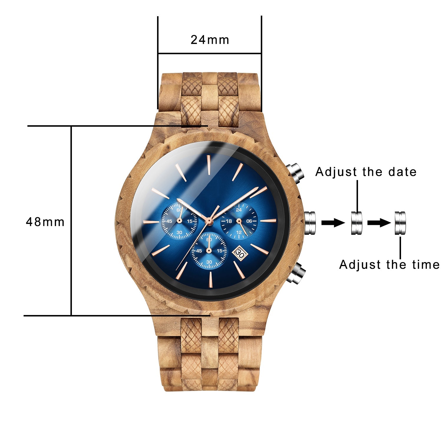 Sizes details of the olive wood watch with blue face