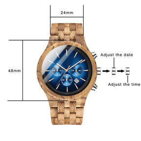 Sizes details of the olive wood watch with blue face
