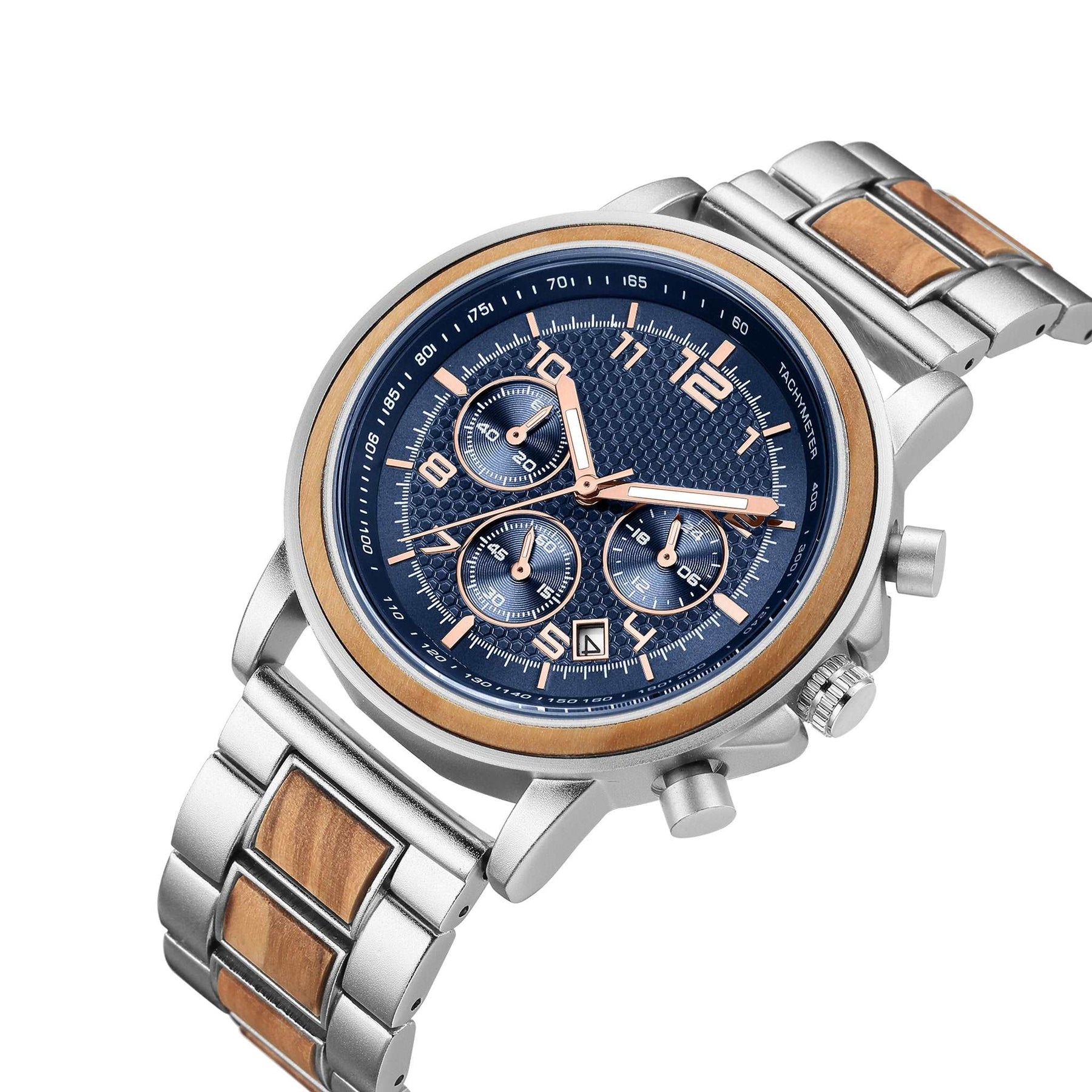 Silver and olive man watch with blue face chronograph feature