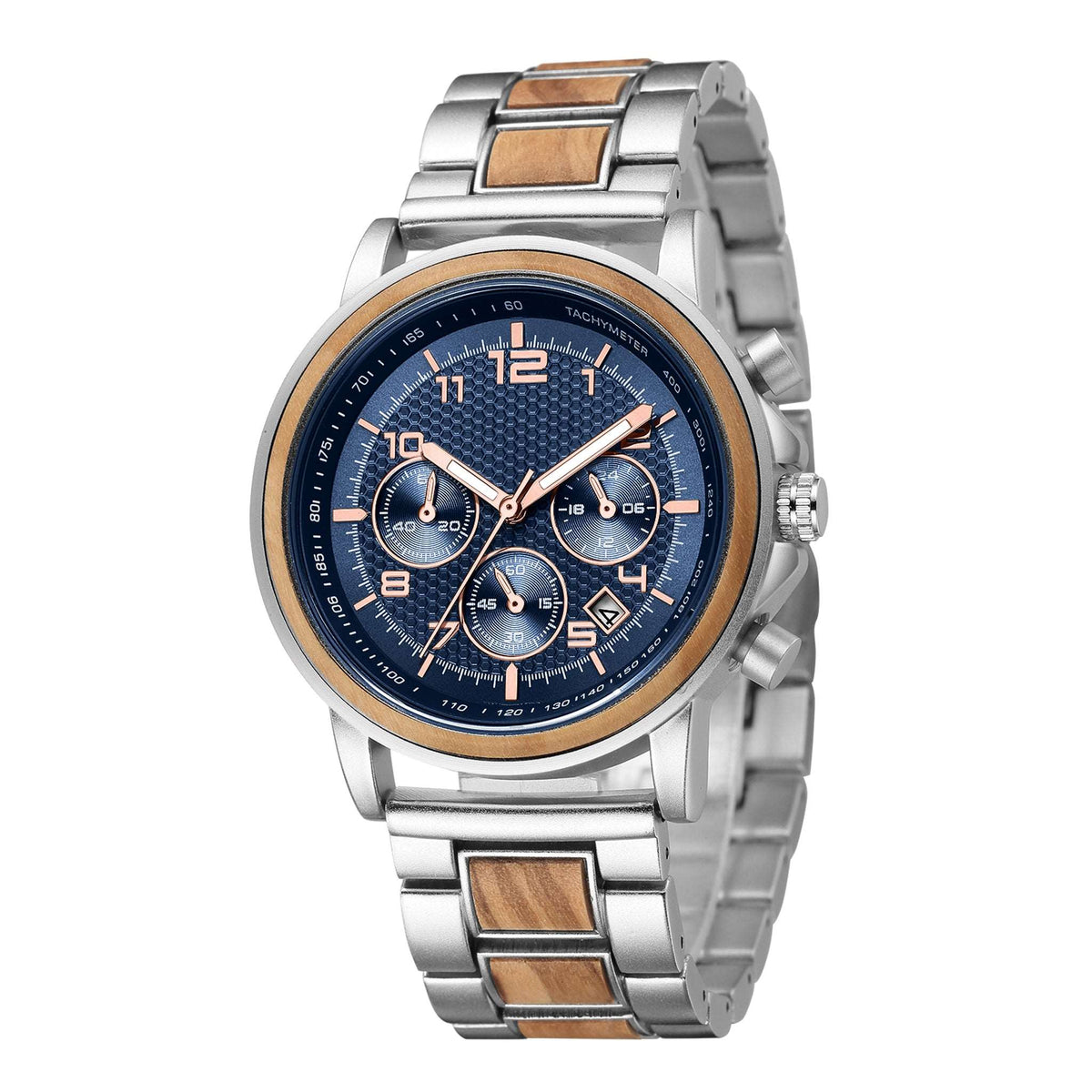 Silver and olive blue face men watch chronograph