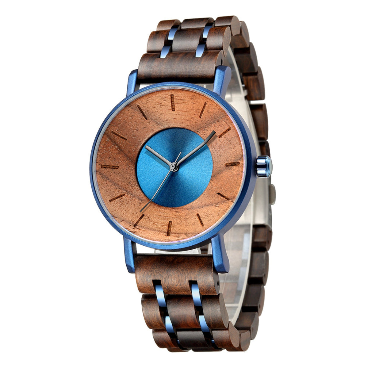 Blue metal case walnut men watch with blue face