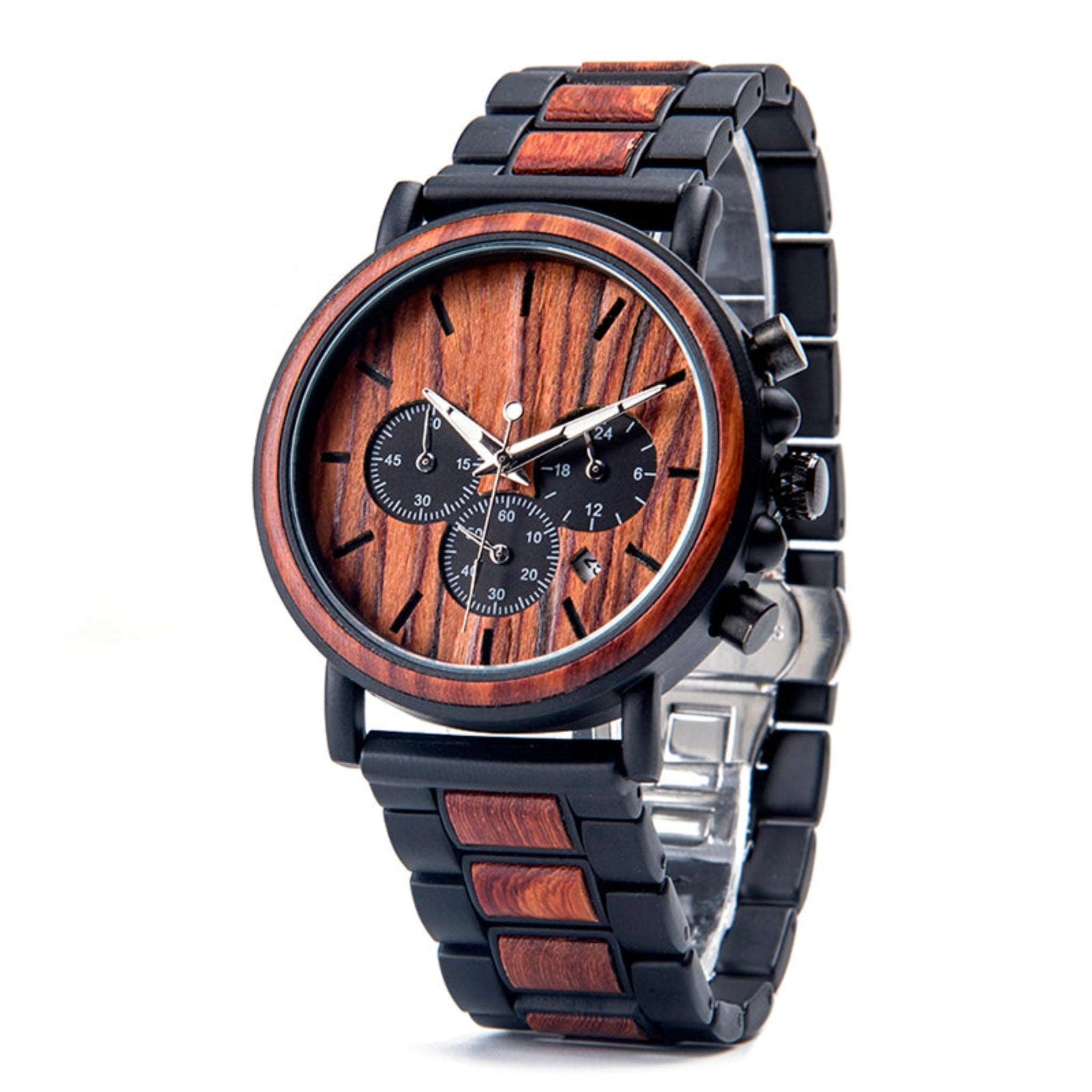 Black metal and red sandalwood men chronograph watch with red face