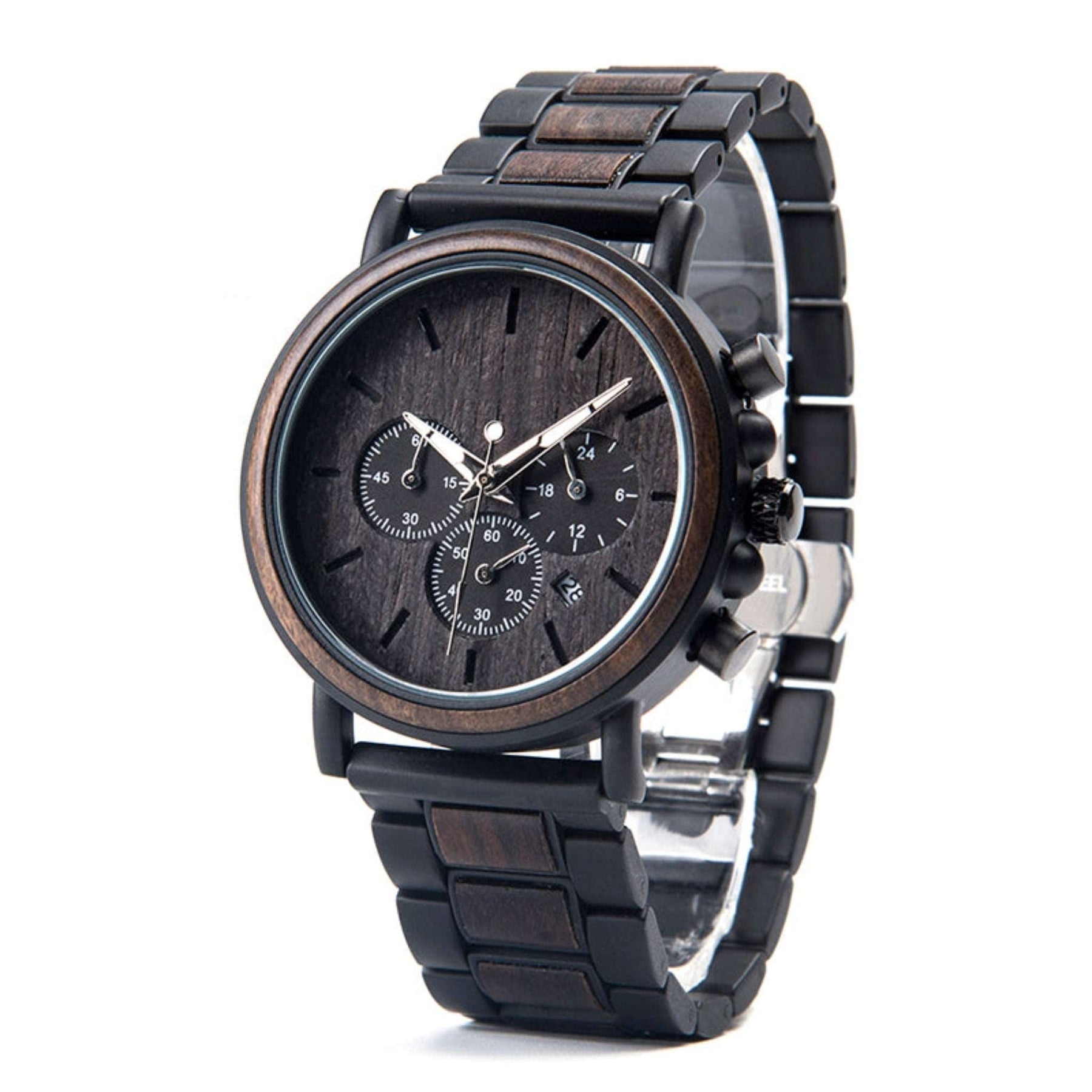 Black metal and ebony men chronograph watch with black face