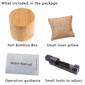 package, cylindrical bamboo box, small pillow, manual, band adjust tool