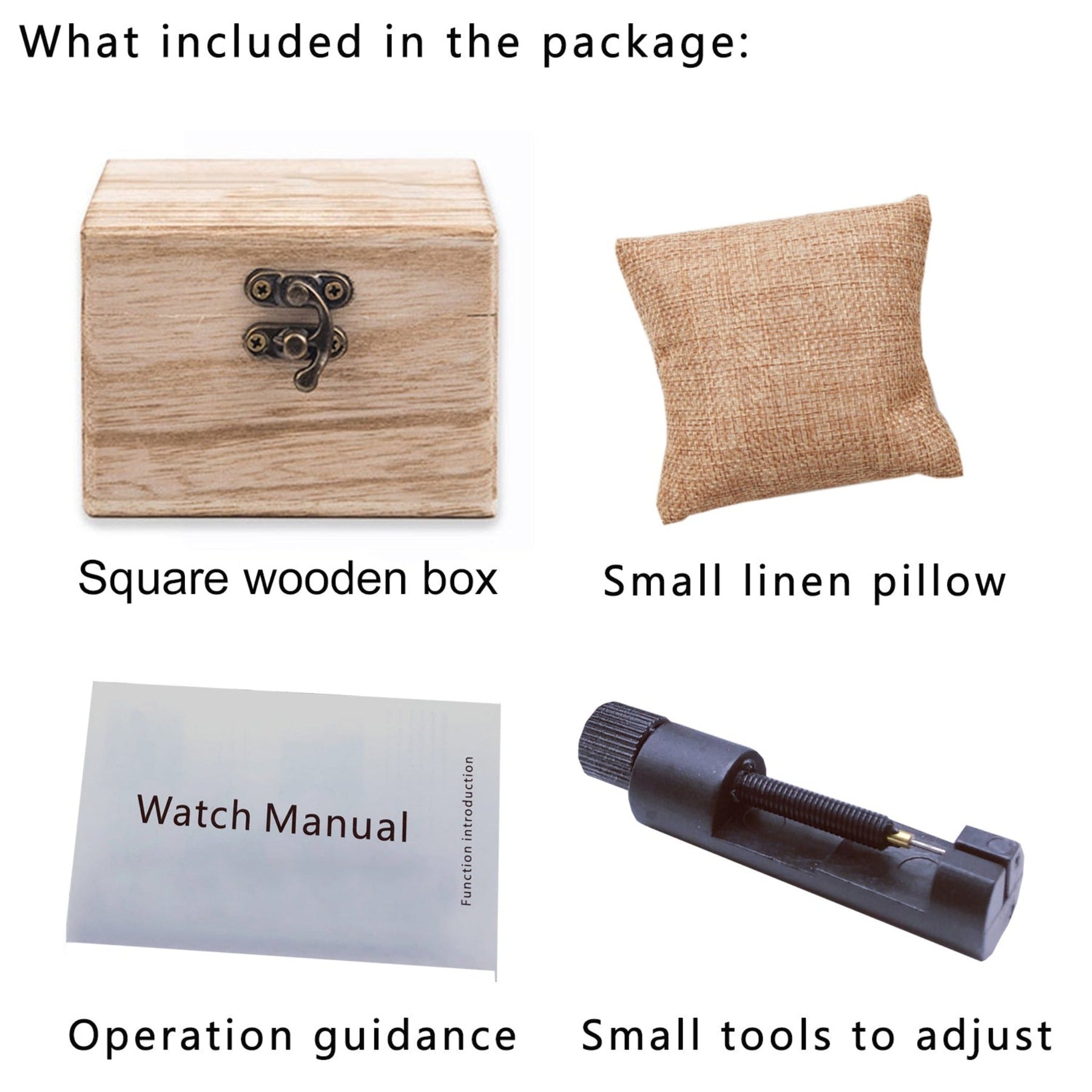 package contain, square wooden box, small pillow, manual, band adjust tool